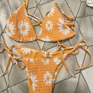 Zaful Yellow Floral Smocked Triangle Bikini